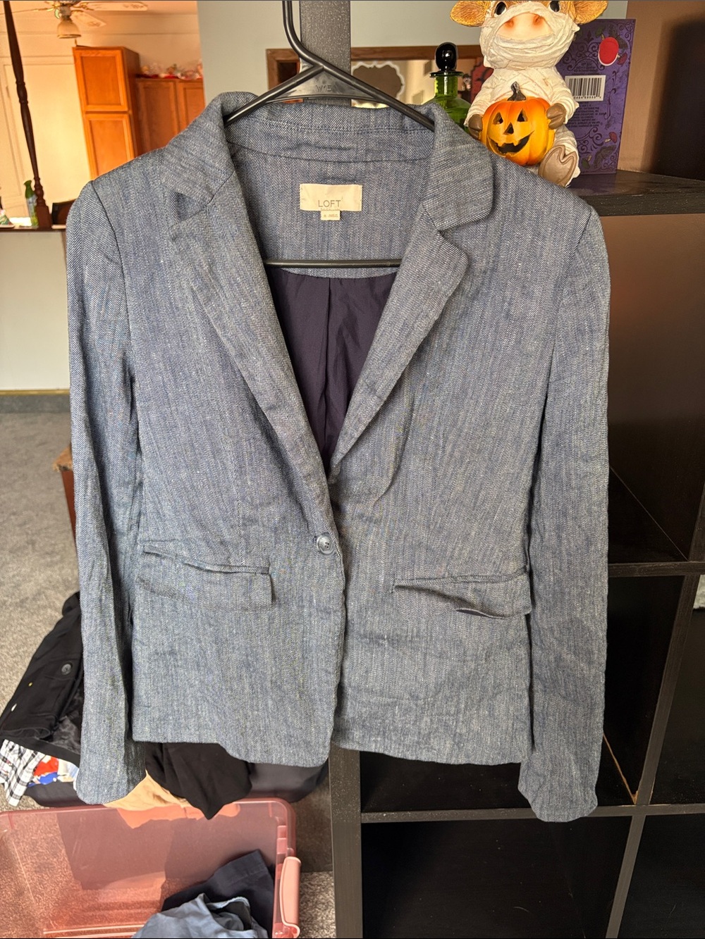 LOFT Heathered Navy Linen-Blend Single-Button Blazer